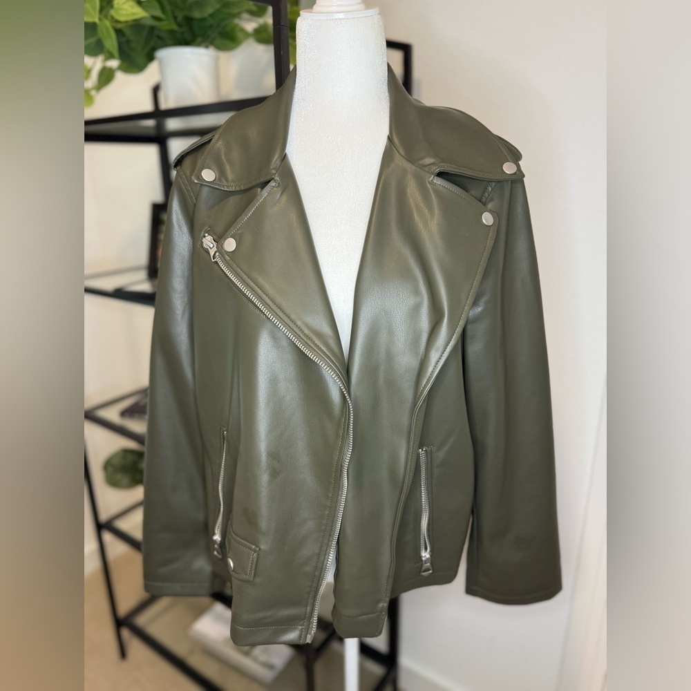 Scoop Women's Faux Leather Moto Jacket Olive Army Green Size L - Picture 7 of 11